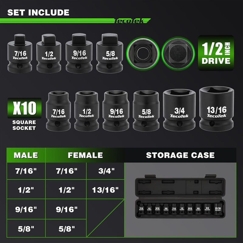 TecoTek 1/2" Drive Pipe Plug Socket Set, Square Drive Socket, 10-Piece, SAE, 4 Point Sockets, CR-MO, Tapered Male Square 7/16'' - 5/8'', Chamfered Female Square 7/16'' - 13/16'' - Image 2